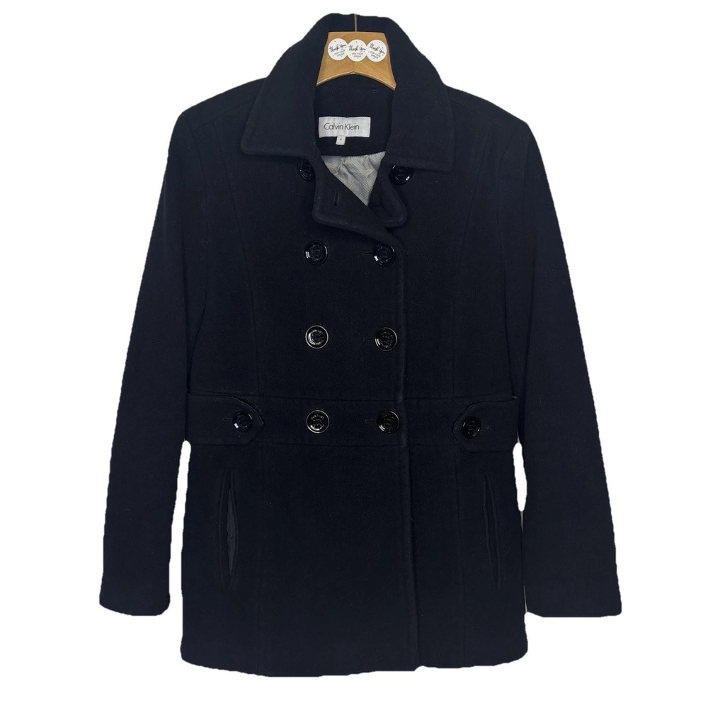 Calvin Klein Double Breast Pea Coat Jacket Sz 6 Black Classic Preppy Nautical